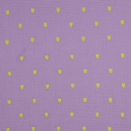 Musselin - Cuore - bestickt - flieder/neon gelb