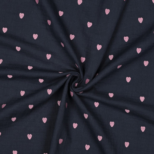 Musselin - Cuore - bestickt - navy/rose