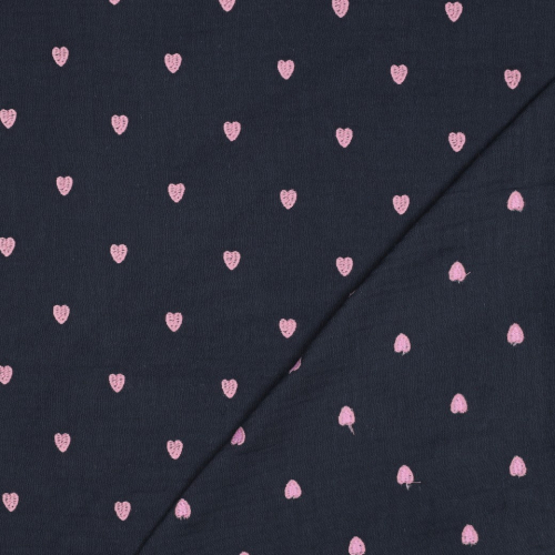 Preview: Musselin - Cuore - bestickt - navy/rose