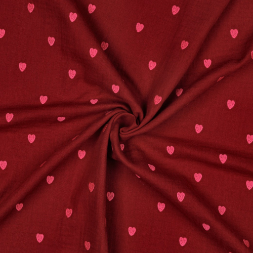 Musselin - Cuore - bestickt - dunkelrot/pink