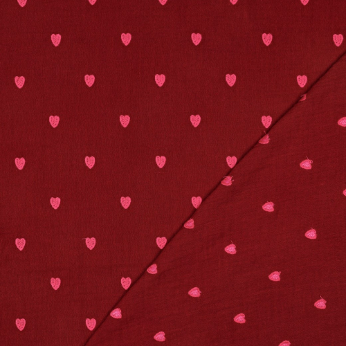 Preview: Musselin - Cuore - bestickt - dunkelrot/pink