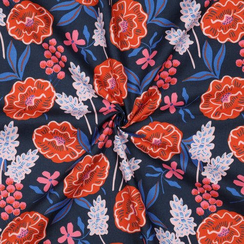 RESTSTÜCK 1,40m !!! - Feine Baumwoll Popeline - Fresh Flowers - navy redorange - Nerida Hansen
