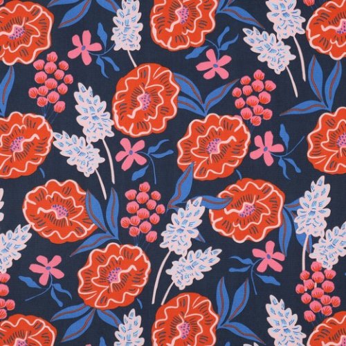 RESTSTÜCK 1,40m !!! - Feine Baumwoll Popeline - Fresh Flowers - navy redorange - Nerida Hansen