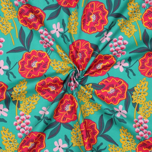 RESTSTÜCK 1,20m !!! - Feine Baumwoll Popeline - Fresh Flowers - green red - Nerida Hansen