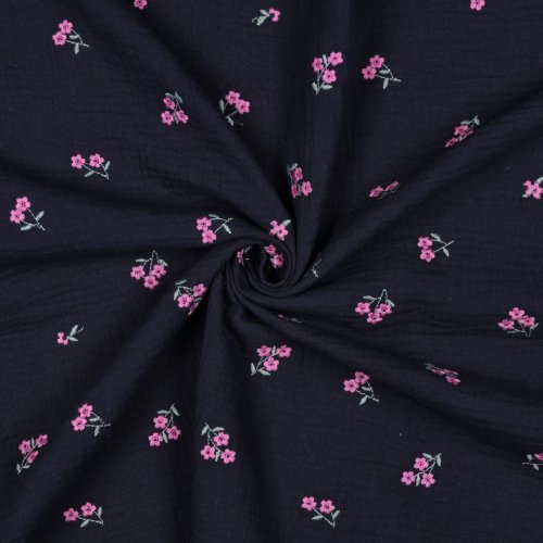 Preview: Musselin - Malka Blumen - bestickt - dunkelblau
