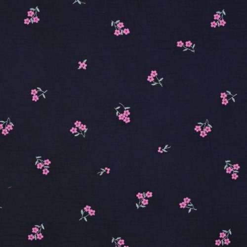 Musselin - Malka Blumen - bestickt - dunkelblau