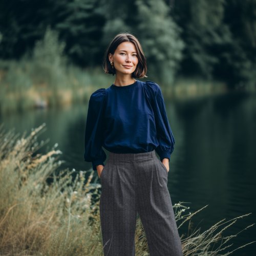 Preview: Viskose Jersey Punta - Herringbone - blaugrau/senf