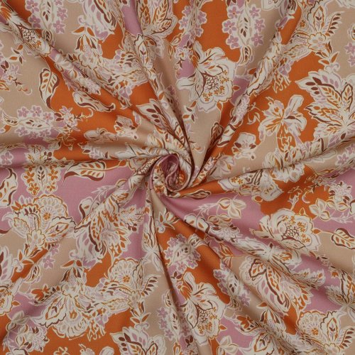 Preview: Viskosesatin - Ranya Flowers - sand/rosa/orange