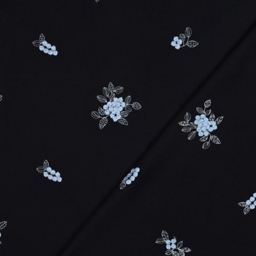 Preview: Baumwolle - bestickt - Charlott Blumen - dunkelblau/hellblau