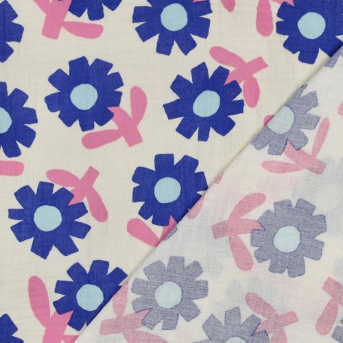 Preview: Bio Musselin - Flowers - blau/ecru/rosa - by Jennifer Bouron