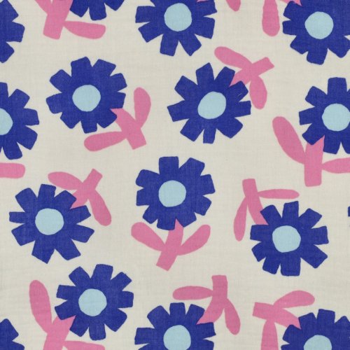 Preview: Bio Musselin - Flowers - blau/ecru/rosa - by Jennifer Bouron