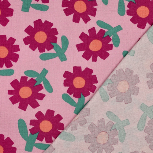 Preview: RESTSTÜCK 1,50m !!! - Bio Musselin - Flowers - pink/rosa/grün - by Jennifer Bouron