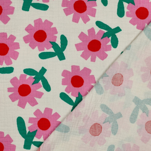 Preview: RESTSTÜCK 1,30m !!! - Bio Musselin - Flowers - rosa/ecru/grün - by Jennifer Bouron