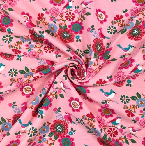 French Terry - Birds and Flowers - rosa