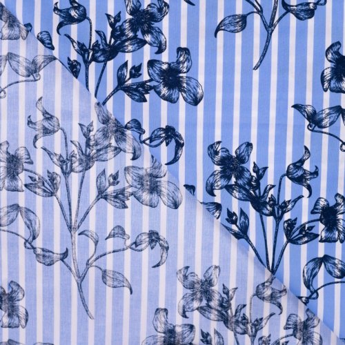 Preview: Baumwoll Stretch - Botanic Lines - light blue/offwhite/navy