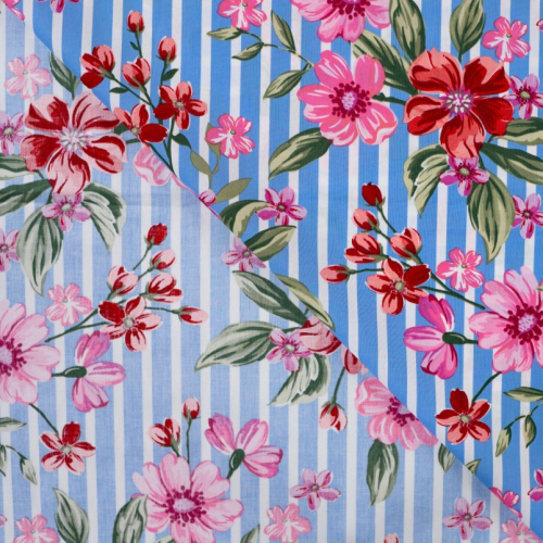 Preview: RESTSTÜCK 1,60m !!! - Baumwoll Stretch - Stripe and Flowers - hellblau/ecru/pink