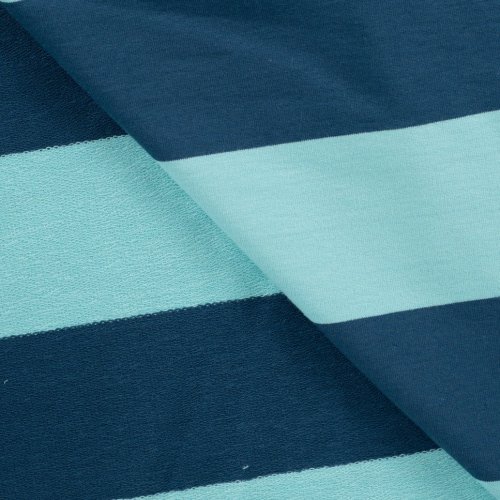 Preview: French Terry - Blockstreifen - denim/türkis