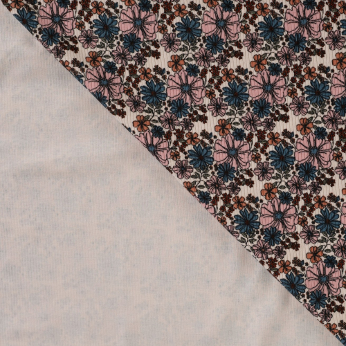 Preview: Rib Jersey - Topsy Flowers - sand/petrol/rose