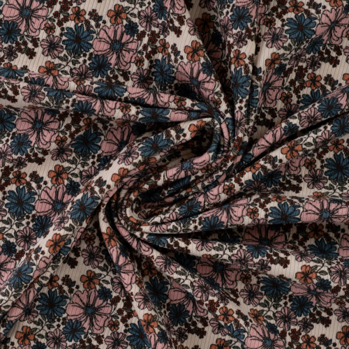 Preview: Rib Jersey - Topsy Flowers - sand/petrol/rose
