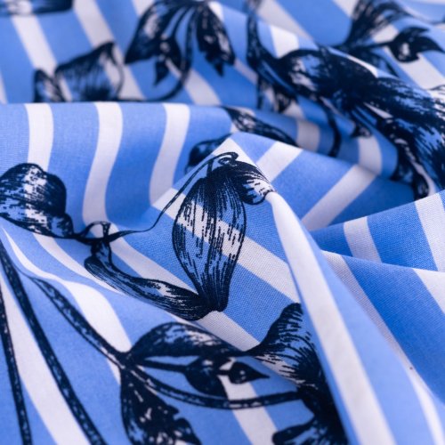 Preview: Baumwoll Stretch - Botanic Lines - light blue/offwhite/navy