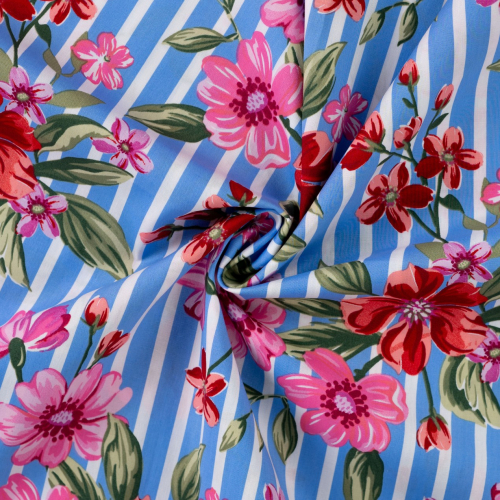 RESTSTÜCK 1,60m !!! - Baumwoll Stretch - Stripe and Flowers - hellblau/ecru/pink