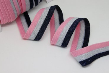 Glam Stripes - unelastisch 2,8 cm - rosa/weiß silber Lurex/dunkelblau Lurex