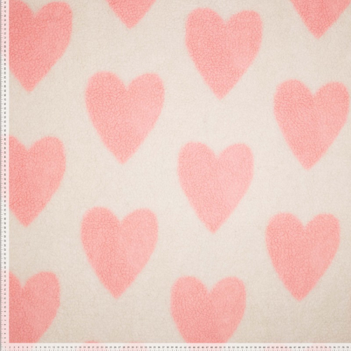 Teddy Plüsch - Mantelstoff - Big Hearts - ecru/rosa