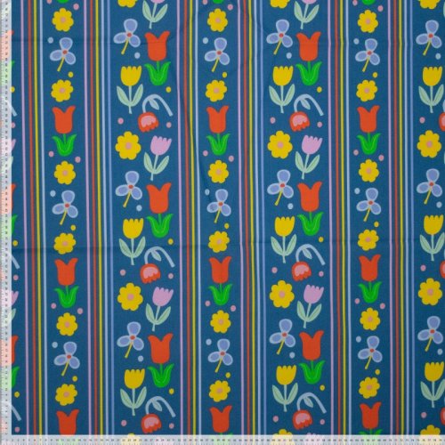 Baumwoll Popeline - Flower and Stripe - blau/gelb/orangerot - by Karina + Kind