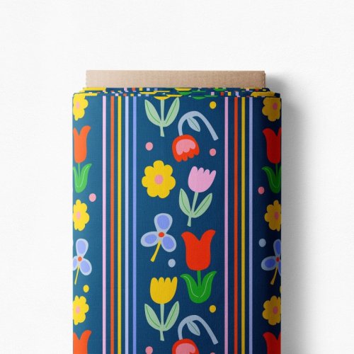 Preview: Baumwoll Popeline - Flower and Stripe - blau/gelb/orangerot - by Karina + Kind