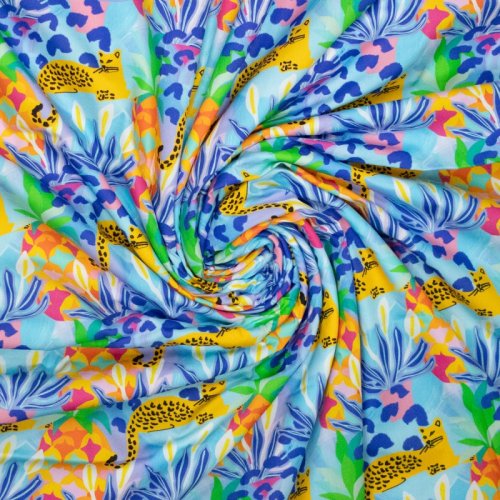 Preview: Baumwoll Popeline - Jungel - hellblau/gelb/blau - by Karina + Kind