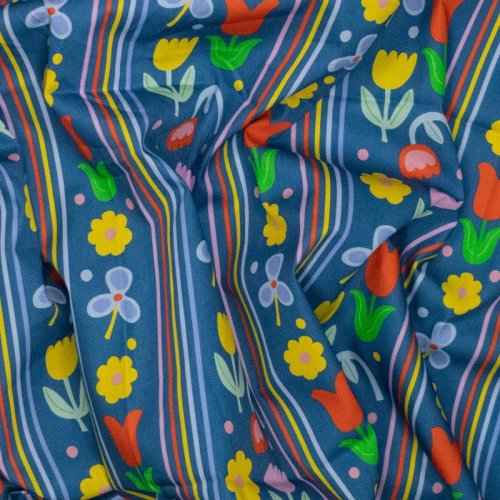 Baumwoll Popeline - Flower and Stripe - blau/gelb/orangerot - by Karina + Kind