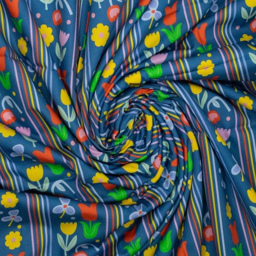 Preview: Baumwoll Popeline - Flower and Stripe - blau/gelb/orangerot - by Karina + Kind