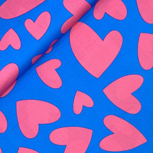 Baumwolle Popeline - Big Hearts - blau/pink