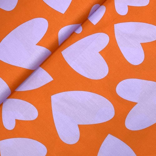 Baumwolle Popeline - Big Hearts - orange/flieder