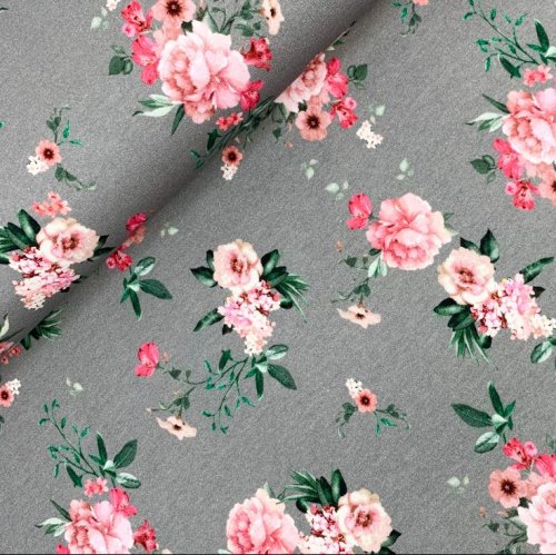RESTSTÜCK 0,80m !!! - Bio Summersweat - Bouquet of Flowers - rock grey