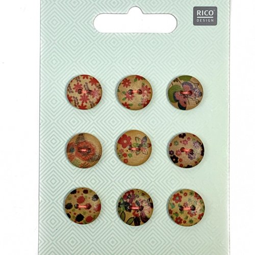 Knopfset 9er - Holz - Blumen - 15 mm - Rico Design