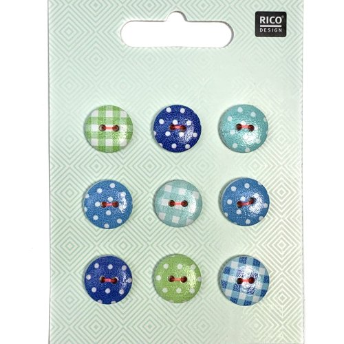 Knopfset 9er - Karo und Punkte - blau/grün - 14 mm - Rico Design