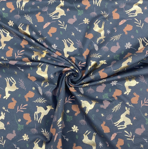 RESTSTÜCK 0,40m !!! - Jersey - Forest Animals - graublau/gold metallic
