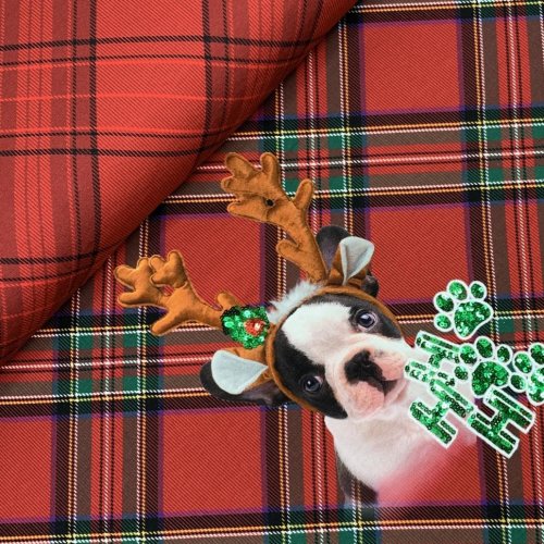 French Terry Panel - Christmas Bulldog mit Pailetten - red
