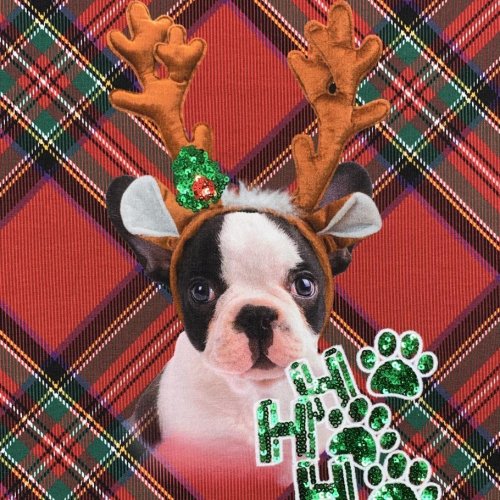 French Terry Panel - Christmas Bulldog mit Pailetten - red