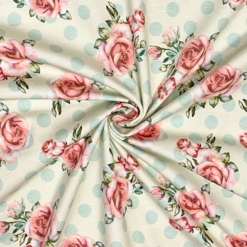 Jersey - Rosenblüten - Punkte - ecru