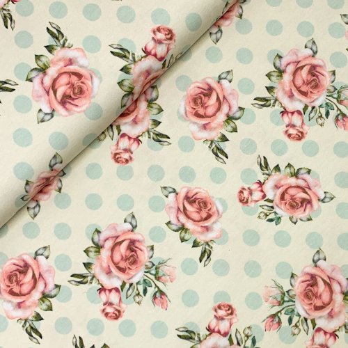 Jersey - Rosenblüten - Punkte - ecru