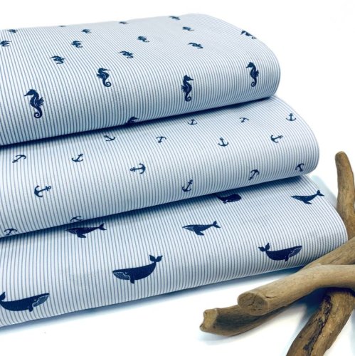 Baumwoll Popeline - Sea Horse Stripes - navy