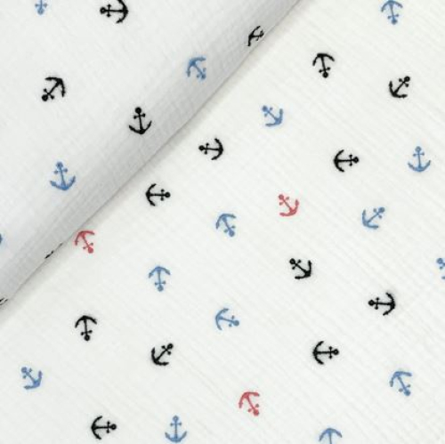 Preview: RESTSTÜCK 1,90m !!! - Musselin - bestickt - Anchors - white
