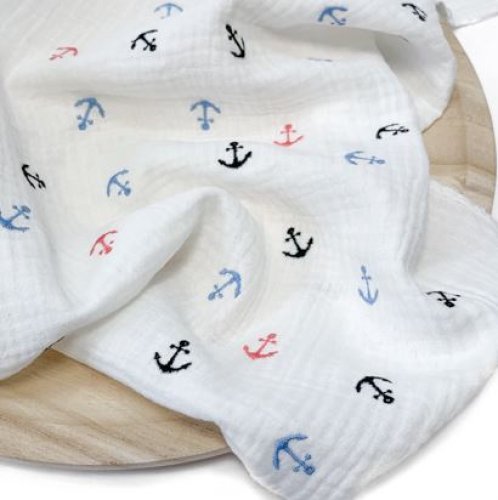 Musselin - bestickt - Anchors - white