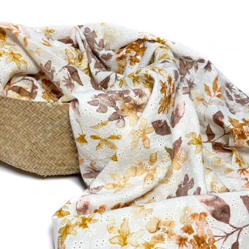 RESTSTÜCK 1,60m !!! - Musselin - Embroidery Flowers - camel beige