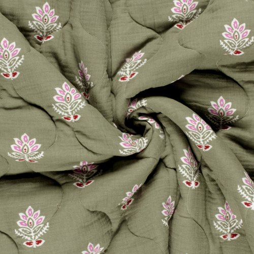 Preview: RESTSTÜCK 0,70m !!! - Doubleface Musselinstepper - Mary - ecru/rot/olive