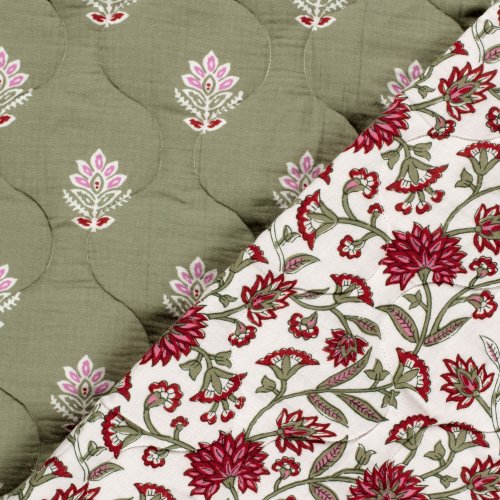 RESTSTÜCK 0,70m !!! - Doubleface Musselinstepper - Mary - ecru/rot/olive