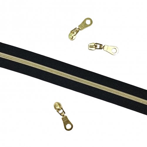 Reißverschluss endlos - schwarz/gold mit 3 Zippern - 1m