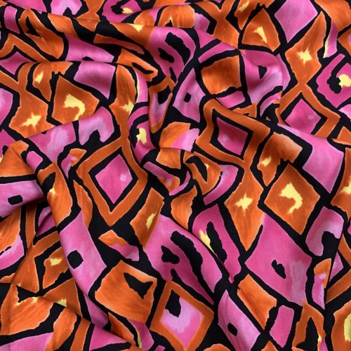 Viskosesatin - matt - Retro Mosaik - fuchsia